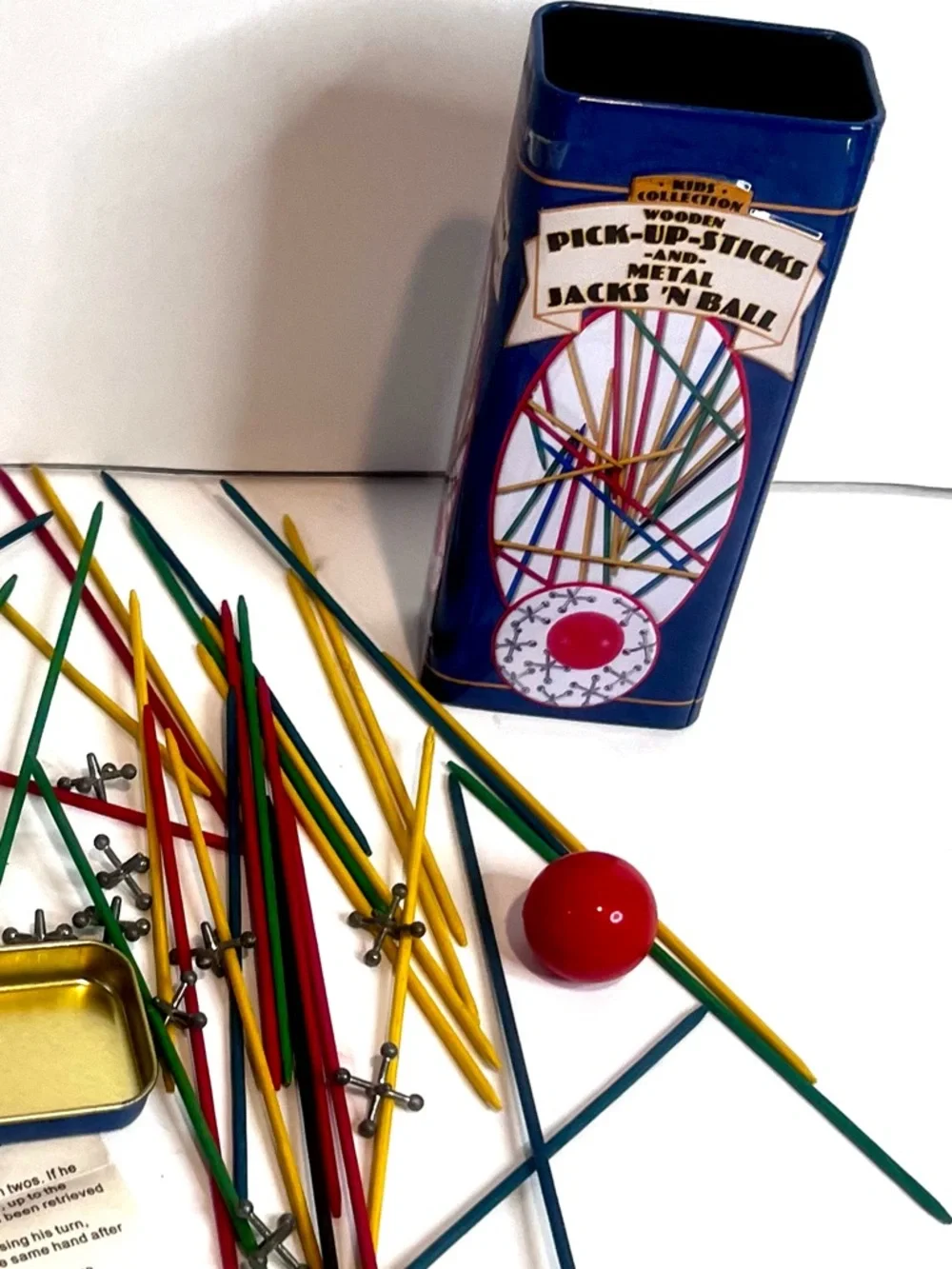Vintage Pick-Up Sticks & Metal Jacks Game Set Tin Kids Collection Complete NOB